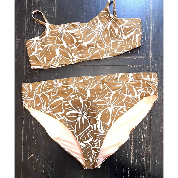 Madewell Tie Back Bikini White Gold Abstract Floral Sepia Plus Size 4x - Picture 10 of 12